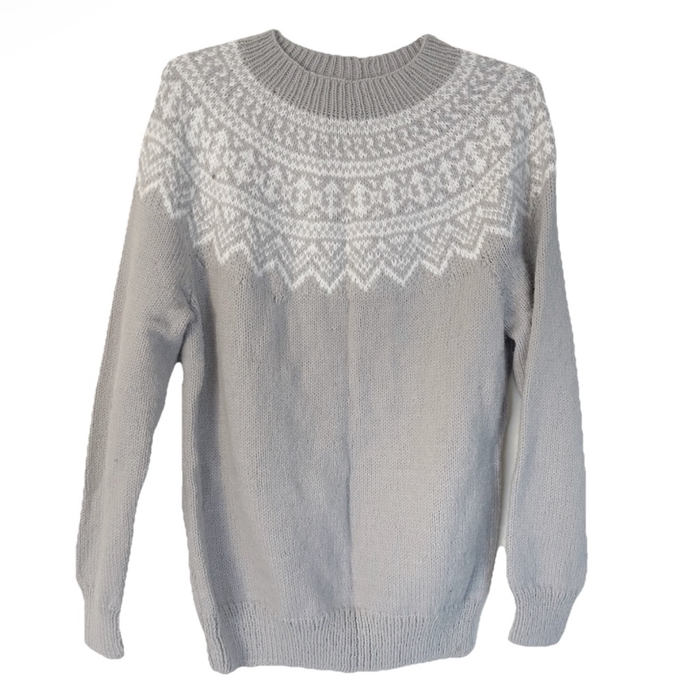 Vintage Fair Isle Thick Knit Sweater Grey White Ski Pullover Crewneck Warm Cozy